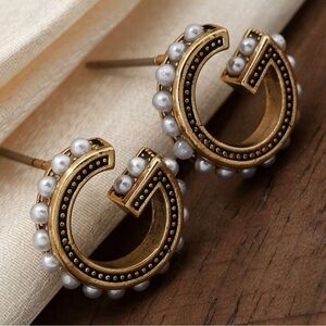 Gold Pearl Accent G-Shaped Stud Earrings